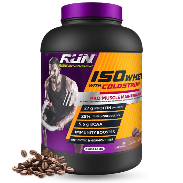 ISO WHEY With Colostrum, Lactose Free, Soy Free, Pro Muscle Maintenance, 27G Protein, 5.5G BCAA, Immunity Booster, 2KG - Italian Coffee