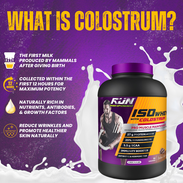 ISO WHEY With Colostrum, Lactose Free, Soy Free, Pro Muscle Maintenance, 27G Protein, 5.5G BCAA, Immunity Booster, 2KG - Italian Coffee