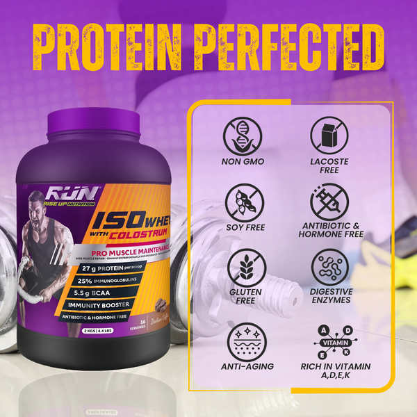 ISO WHEY With Colostrum, Lactose Free, Soy Free, Pro Muscle Maintenance, 27G Protein, 5.5G BCAA, Immunity Booster, 2KG - Italian Coffee