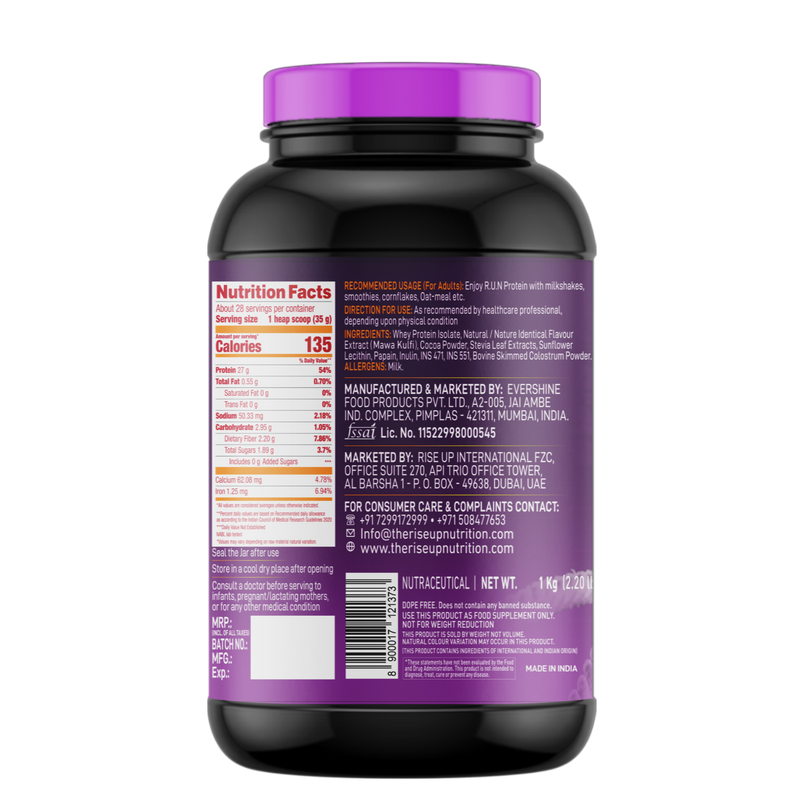 ISO WHEY With Colostrum, Lactose Free, Soy Free, Pro Muscle Maintenance, 27G Protein, 5.5G BCAA, Immunity Booster 1KG -  Mawa Kulfi