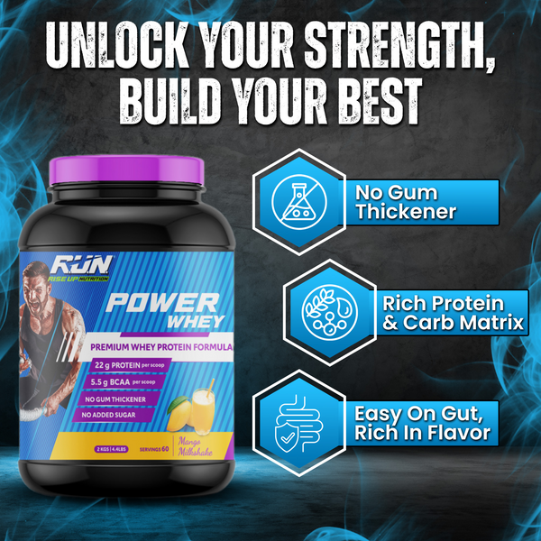 Power Whey Protein 2kg, Premium Whey Powder, 22g Protein, 5.5g BCAA, Non-GMO, Gluten free, Soy free, 4.40 Lbs - Mango