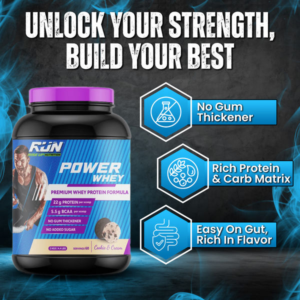 Power Whey Protein 2kg, Premium Whey Powder, 22g Protein, 5.5g BCAA, Non-GMO, Gluten free, Soy free, 4.40 Lbs - Cookie n Cream