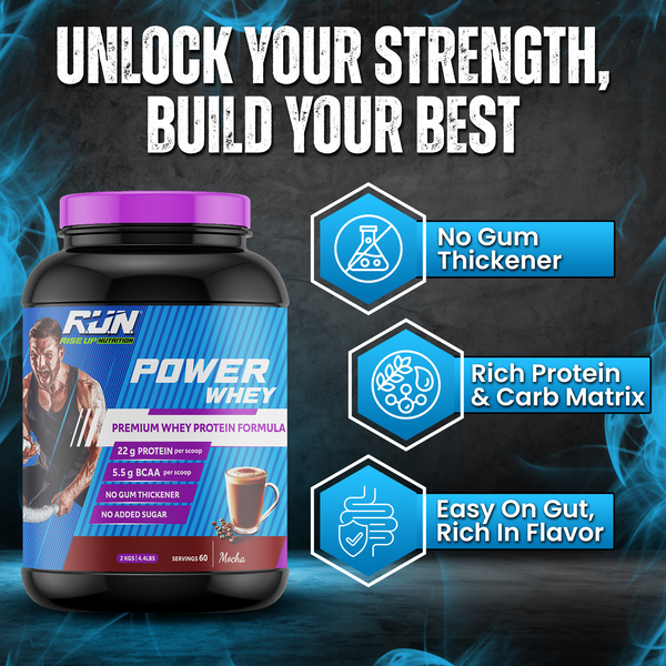 Power Whey Protein 2kg, Premium Whey Powder, 22g Protein, 5.5g BCAA, Non-GMO, Gluten free, Soy free, 4.40 Lbs - Mocha
