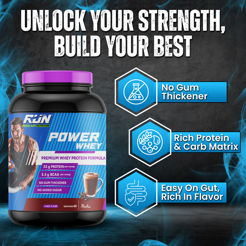 Power Whey Protein 2kg, Premium Whey Powder, 22g Protein, 5.5g BCAA, Non-GMO, Gluten free, Soy free, 4.40 Lbs - Mocha