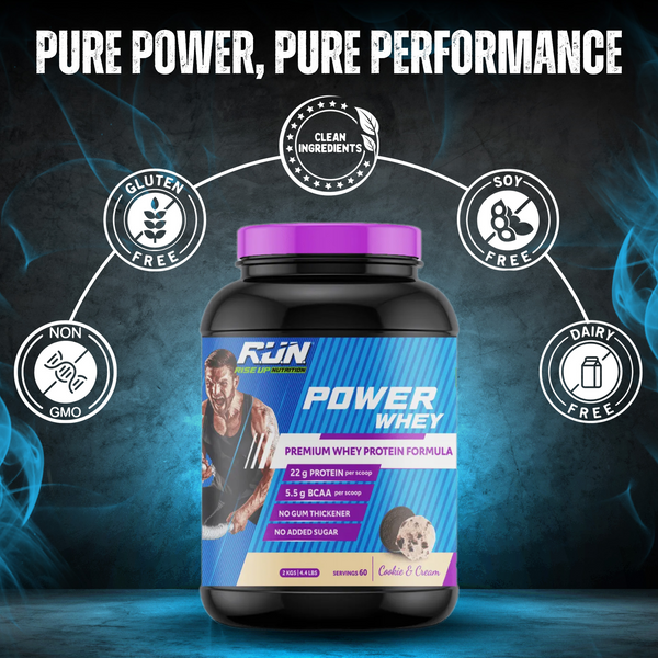 Power Whey Protein 2kg, Premium Whey Powder, 22g Protein, 5.5g BCAA, Non-GMO, Gluten free, Soy free, 4.40 Lbs - Cookie n Cream