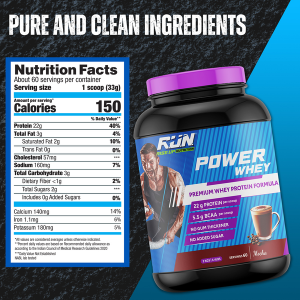 Power Whey Protein 2kg, Premium Whey Powder, 22g Protein, 5.5g BCAA, Non-GMO, Gluten free, Soy free, 4.40 Lbs - Mocha