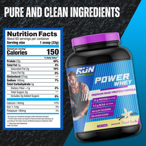 Power Whey Protein 2kg, Premium Whey Powder, 22g Protein, 5.5g BCAA, Non-GMO, Gluten free, Soy free, 4.40 Lbs - Vanilla
