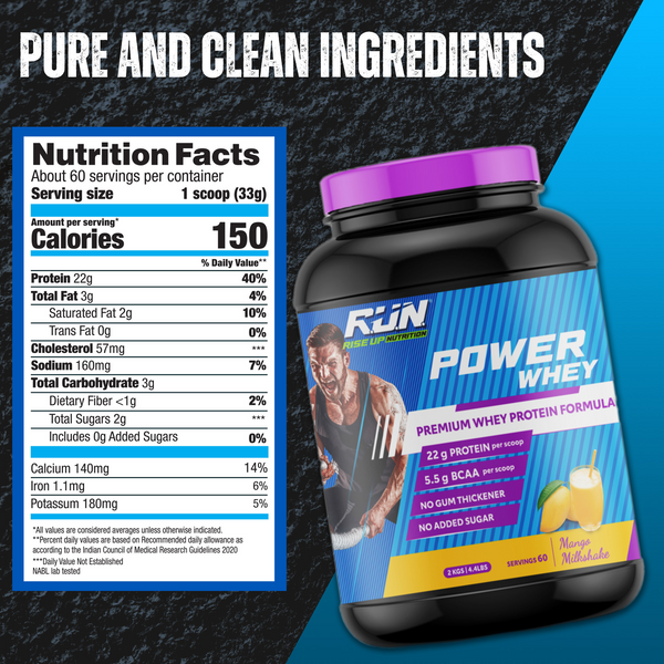 Power Whey Protein 2kg, Premium Whey Powder, 22g Protein, 5.5g BCAA, Non-GMO, Gluten free, Soy free, 4.40 Lbs - Mango