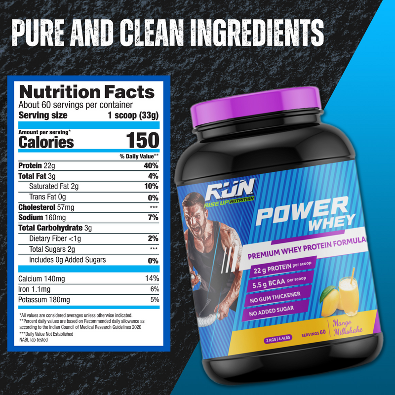 Power Whey Protein 2kg, Premium Whey Powder, 22g Protein, 5.5g BCAA, Non-GMO, Gluten free, Soy free, 4.40 Lbs - Mango