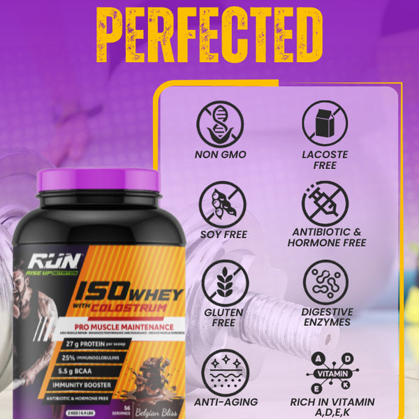 ISO WHEY With Colostrum, Lactose Free, Soy Free, Pro Muscle Maintenance, 27G Protein, 5.5G BCAA, Immunity Booster, 2KG -  Belgian Bliss