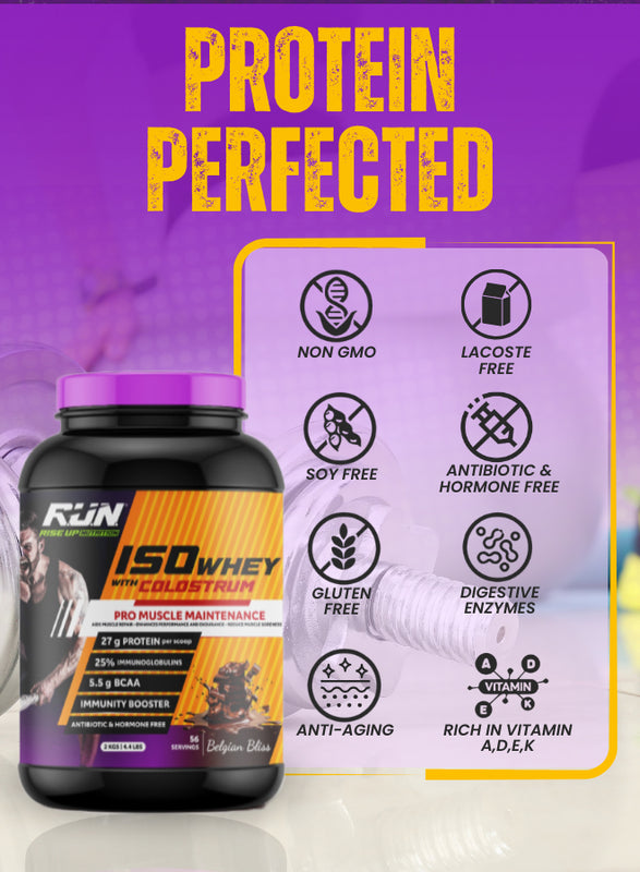 ISO WHEY With Colostrum, Lactose Free, Soy Free, Pro Muscle Maintenance, 27G Protein, 5.5G BCAA, Immunity Booster, 2KG -  Belgian Bliss