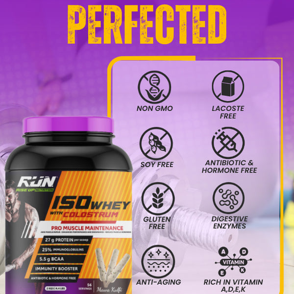 ISO WHEY With Colostrum, Lactose Free, Soy Free, Pro Muscle Maintenance, 27G Protein, 5.5G BCAA, Immunity Booster, 2KG -  Mawa Kulfi
